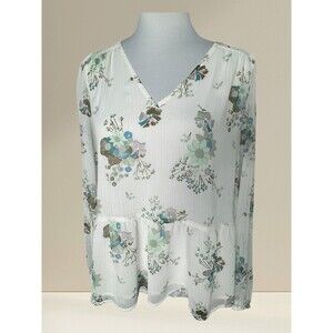 LOFT Blouse Sz S White Floral Lined Peplum V-Neck Long Sleeves